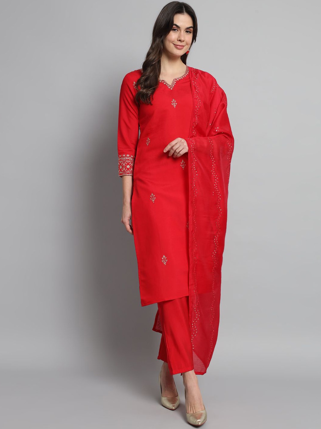 

KALINI Embroidered Notch Neck Kurta With Trousers & Dupatta, Pink