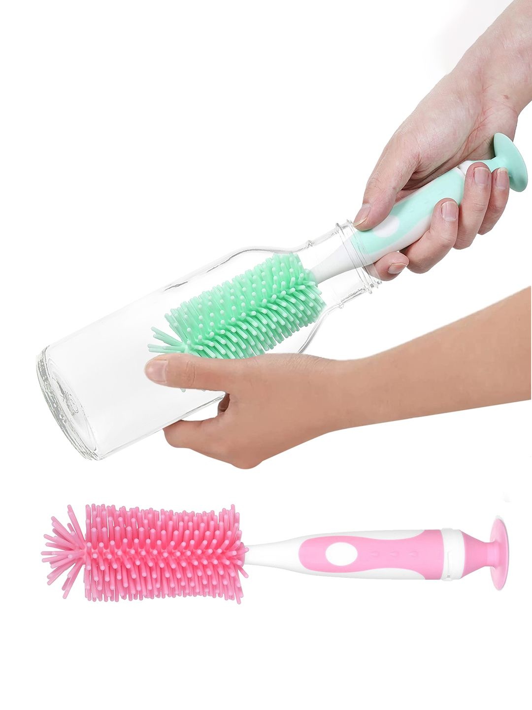 

Kuber Industries Green & Pink 2 Pieces Silicone Detachable Bottle Cleaning Brushes