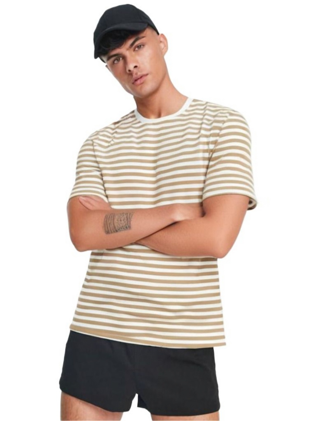

MACK JONNEY Men Striped Round Neck Cotton Oversized T-shirt, Tan