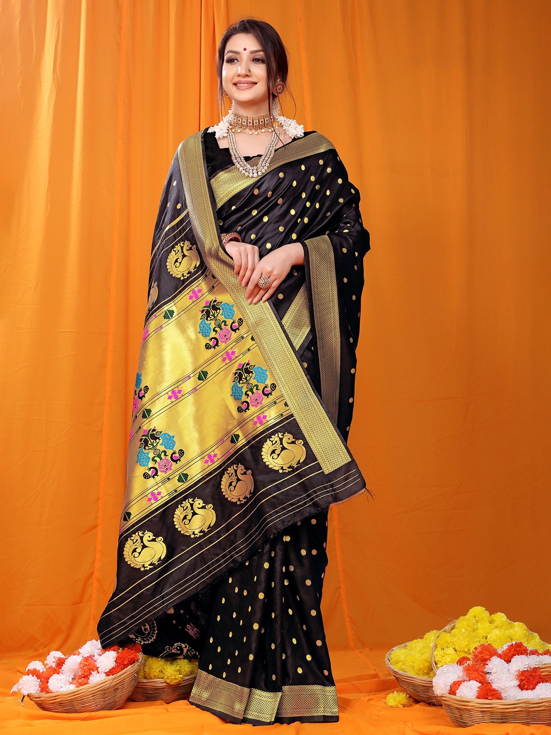 

Kandora Woven Design Zari Pure Silk Paithani Saree, Black