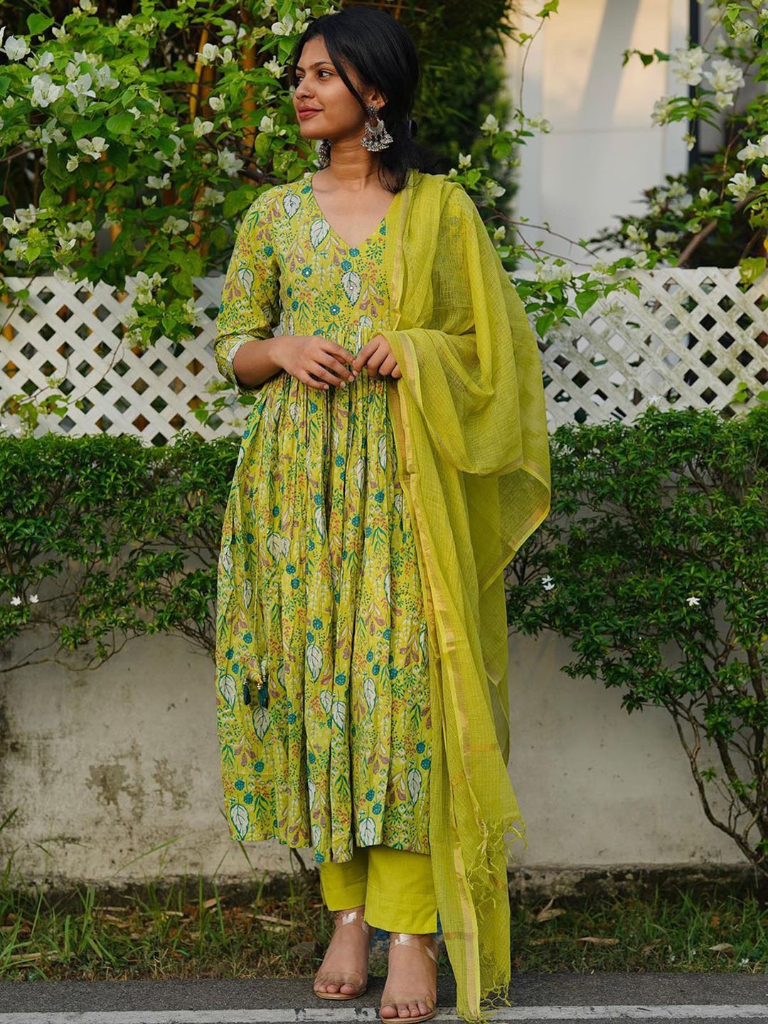

Anni Designer Floral Printed V-Neck Anarkali Kurta With Trousers & Dupatta, Green