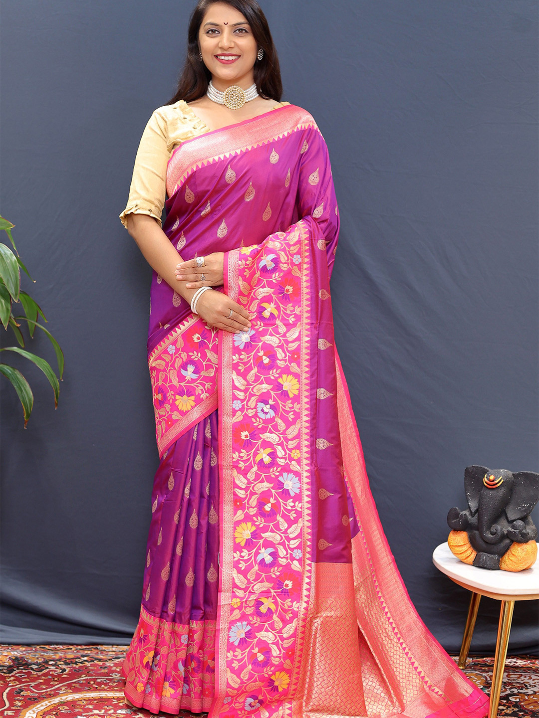 

Kandora Woven Design Zari Pure Silk Paithani Saree, Purple