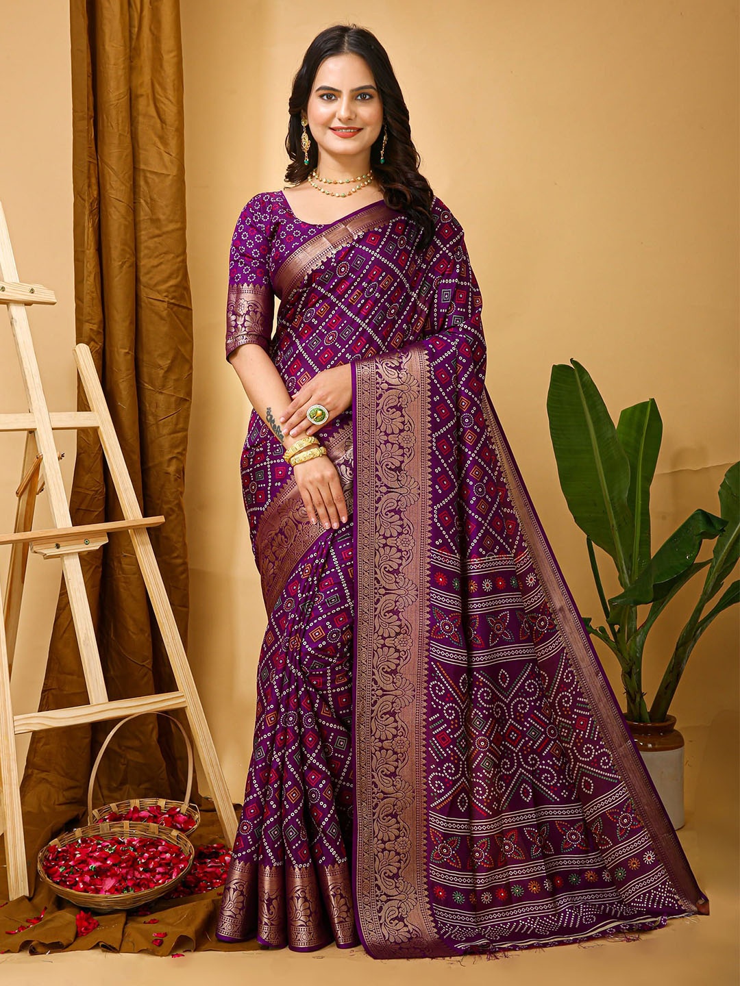 

KALINI Bandhani Zari Art Silk Banarasi Saree, Purple