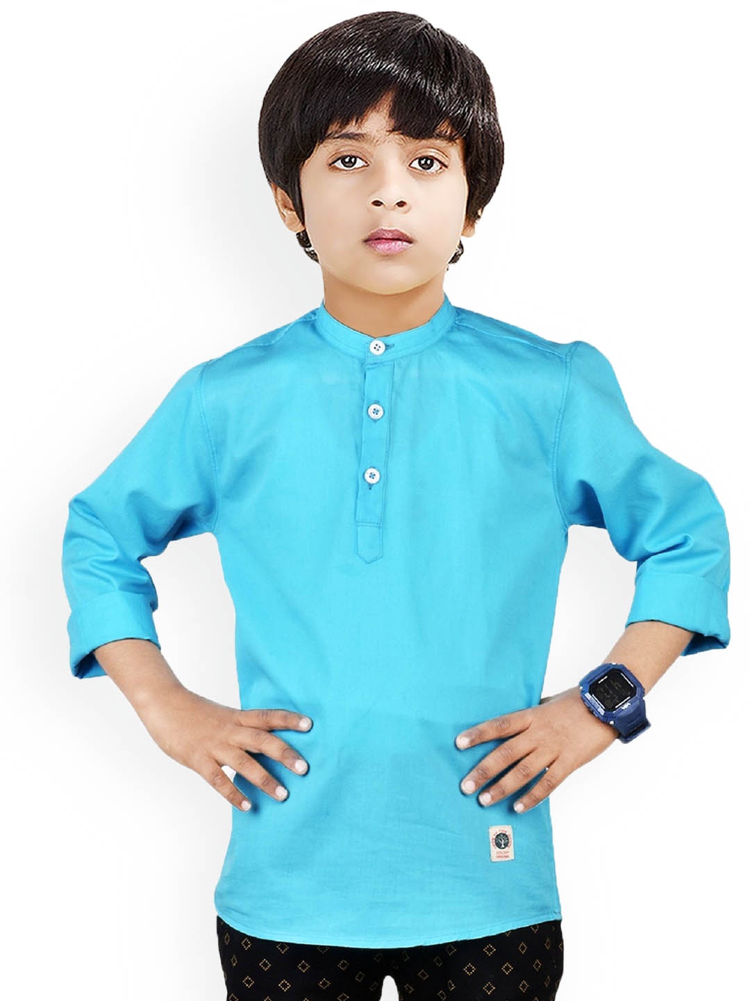 

MADE IN THE SHADE Boys Band Collar Full Sleeves Pure Cotton Straight Kurta, Blue