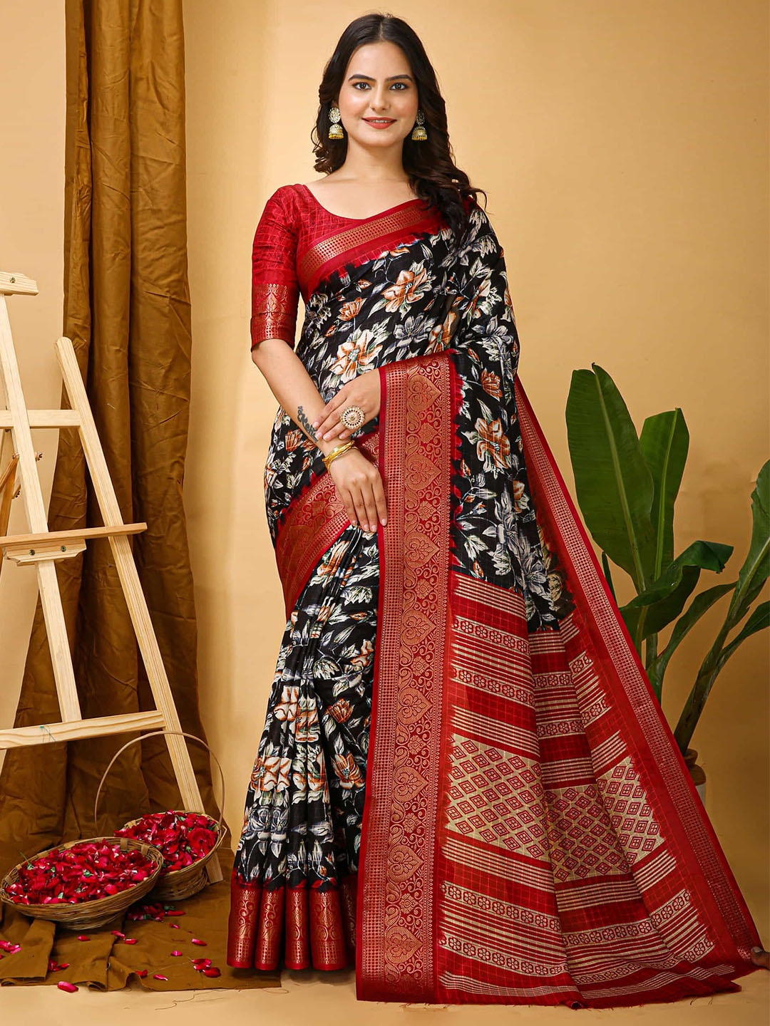 

KALINI Floral Zari Art Silk Banarasi Saree, Black