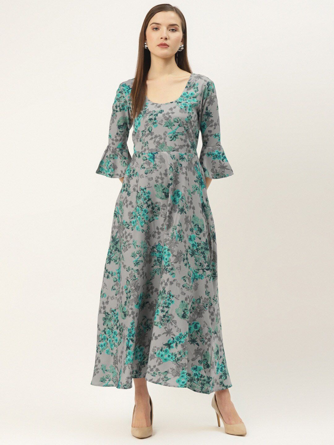 

DressBerry Floral Printed Bell Sleeve Crepe Fit and Flare Dress, Grey