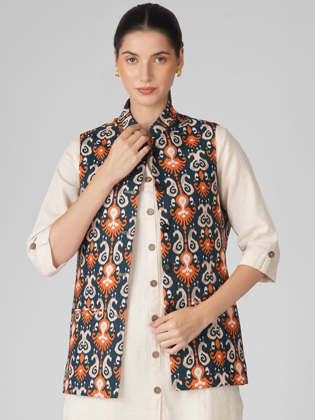 

KALINI Printed Nehru Jacket, Green