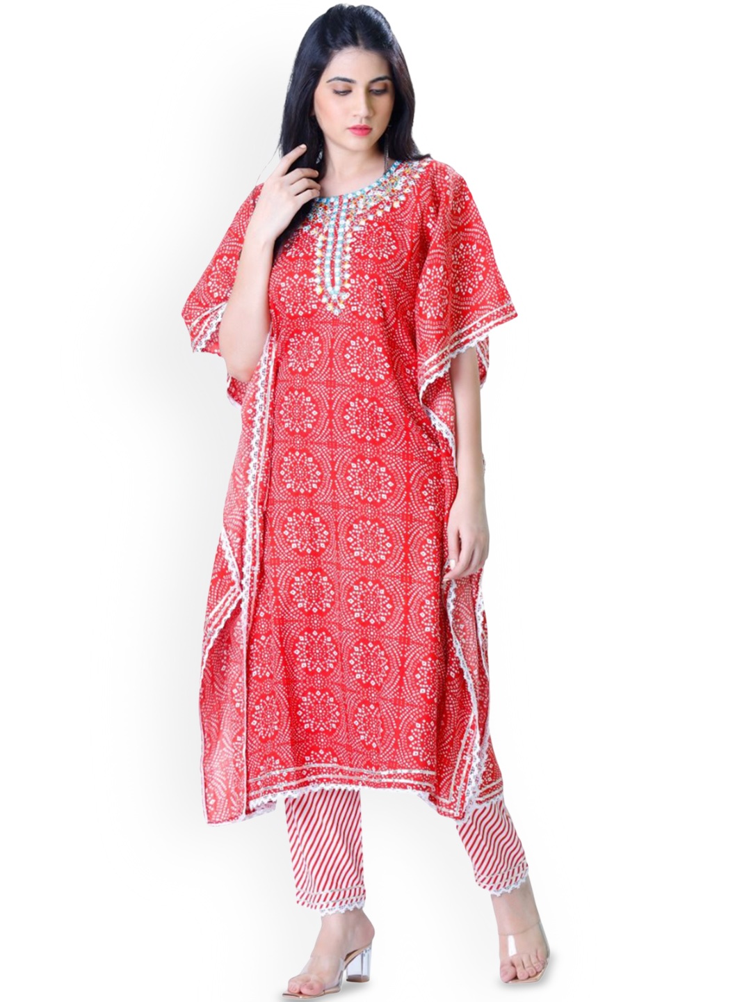 

Silselah Bandhani Printed Pure Cotton Kaftan Kurta With Trousers, Red