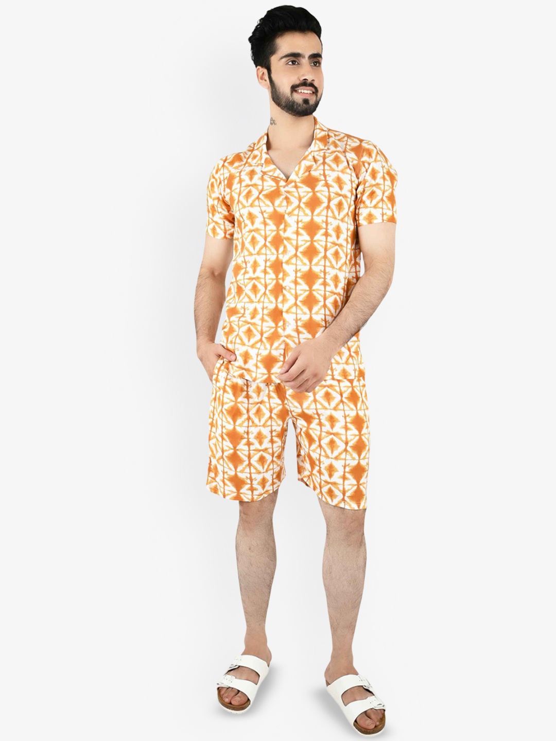 

Blissence Geometric Printed Pure Cotton Shirt With Shorts, Mustard