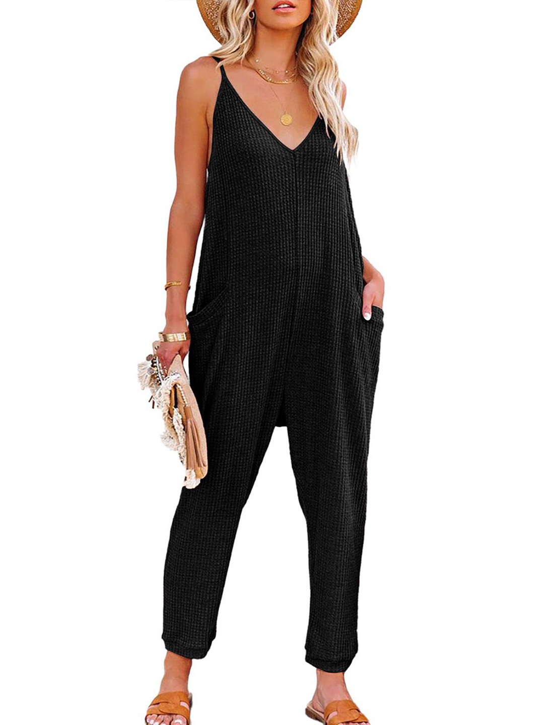 

Errabelly Women Self Design Shoulder Straps Sleeveless Jumpsuit, Black