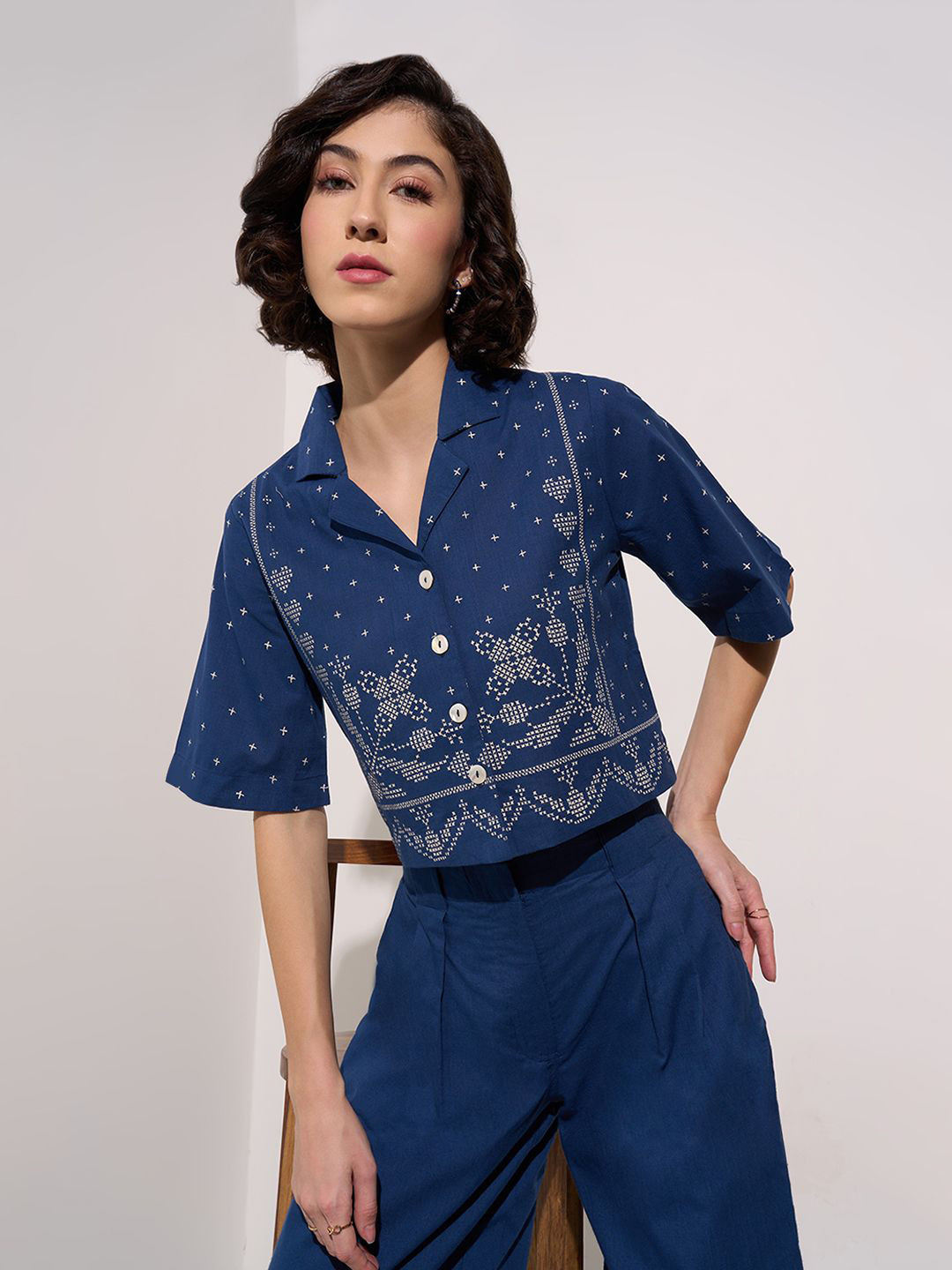 

AKKRITI BY PANTALOONS Floral Print Cotton Shirt Style Top, Blue