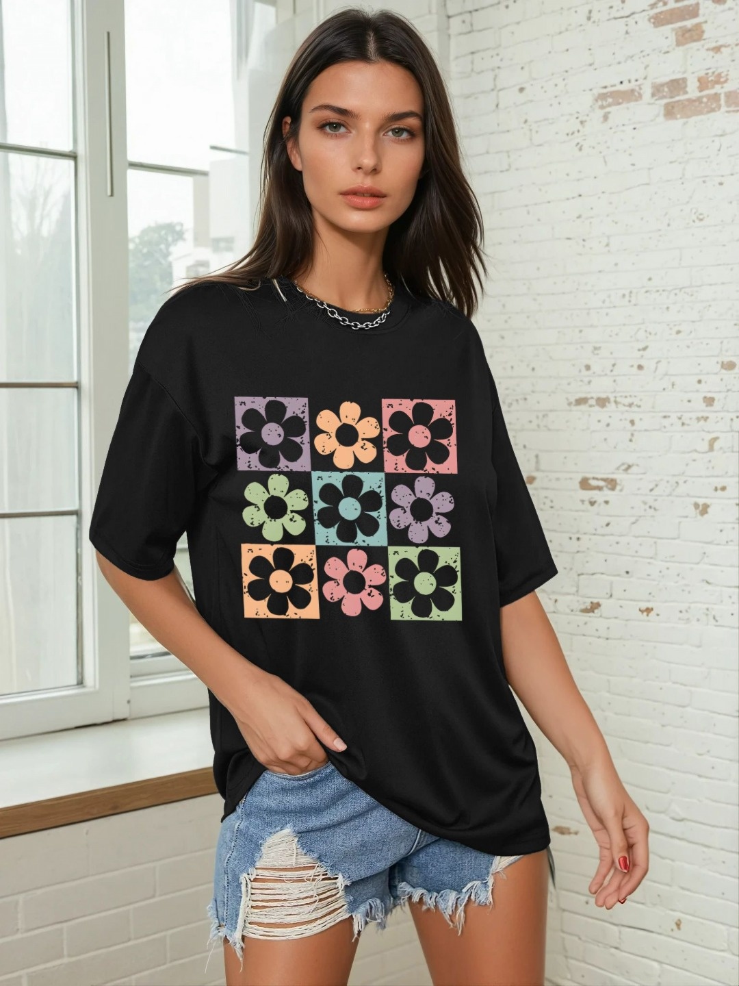 

CORSICA Women Floral Printed Round Neck Oversized T-shirt, Black