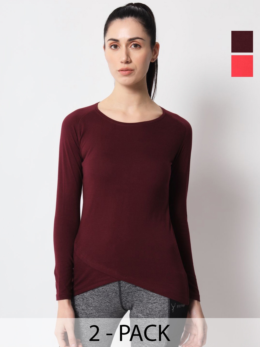 

appulse Women Pack Of 2 Solid Round Neck Cotton Slim Fit T-shirts, Burgundy