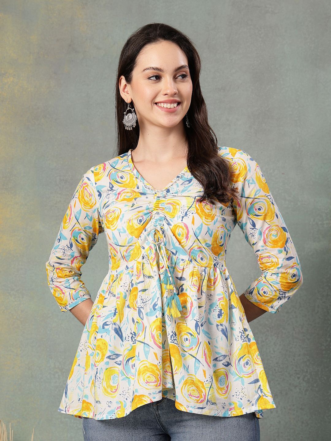 

God Bless Floral Print Cotton Peplum Top, Rose gold