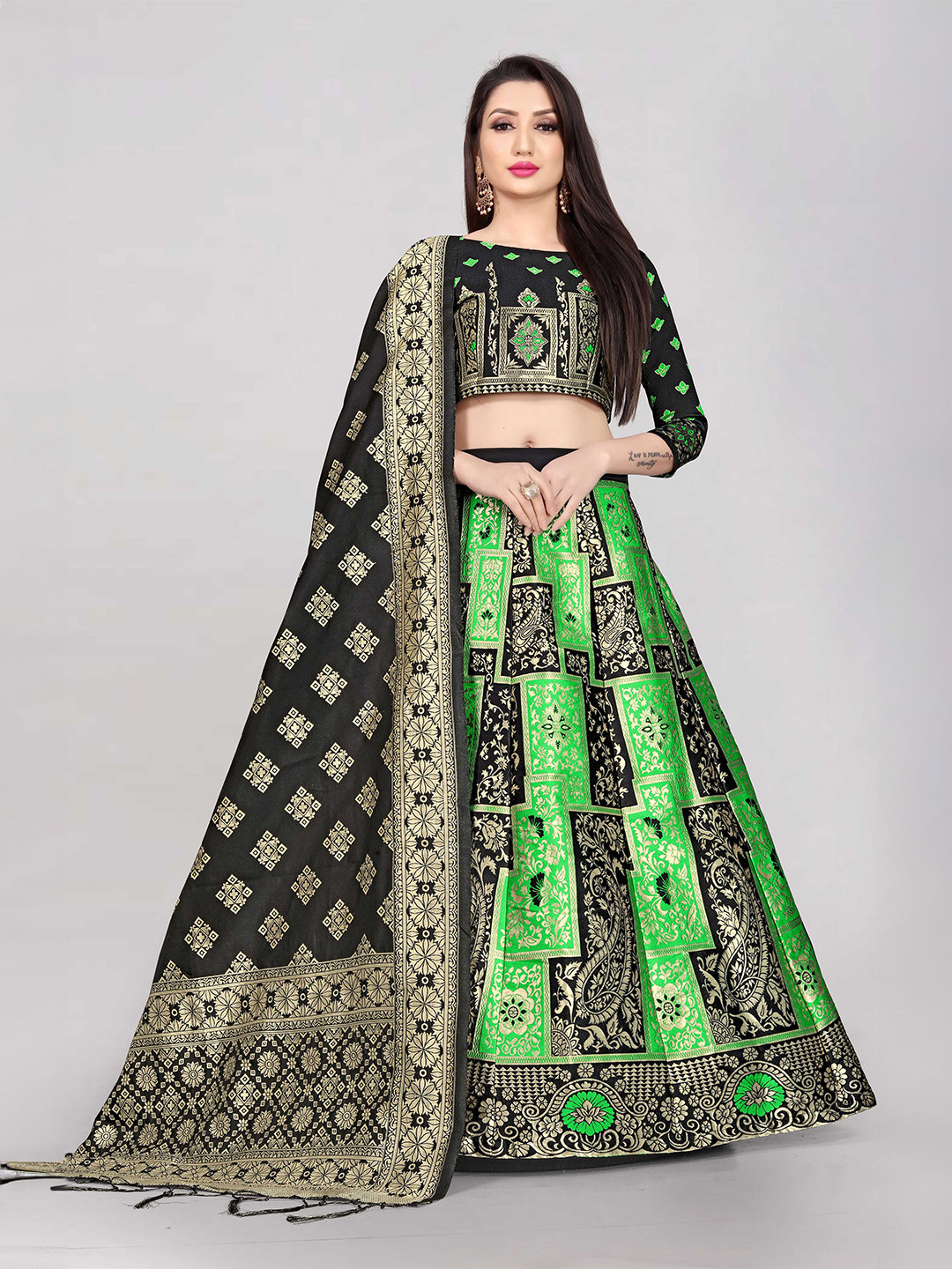 

DIVASTRI Woven Design Zari Jacquard Semi-Stitched Lehenga & Unstitched Blouse With Dupatta, Green