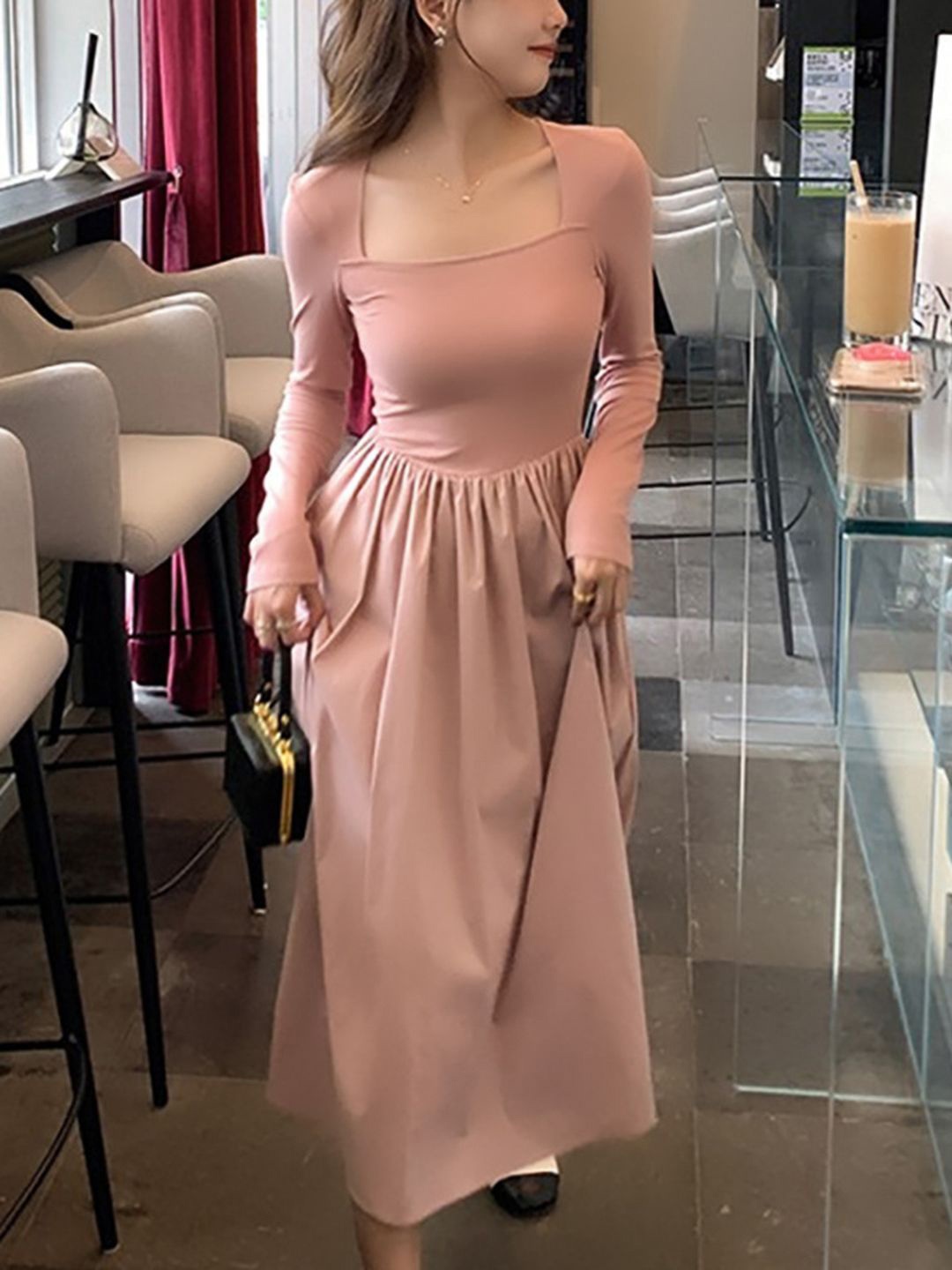 

Mast & Harbour Square Neck Extended Sleeves Fit and Flare Midi Dress, Peach