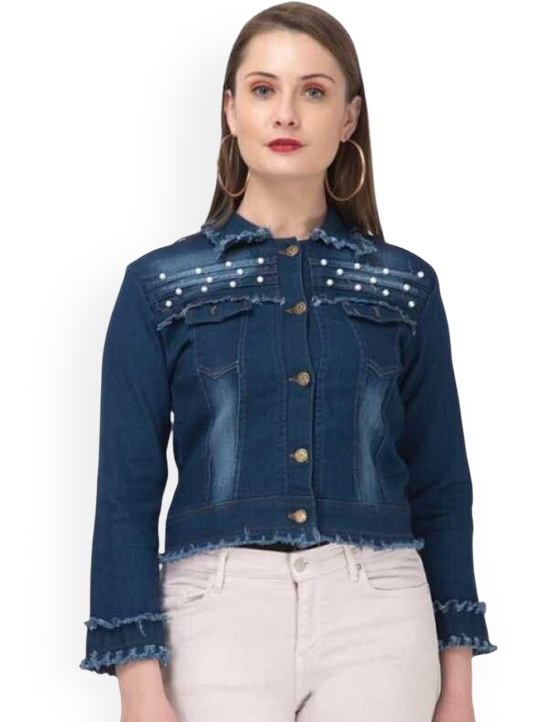 

KASHIAN Women Spread Collar Solid Casual Denim Jacket, Blue