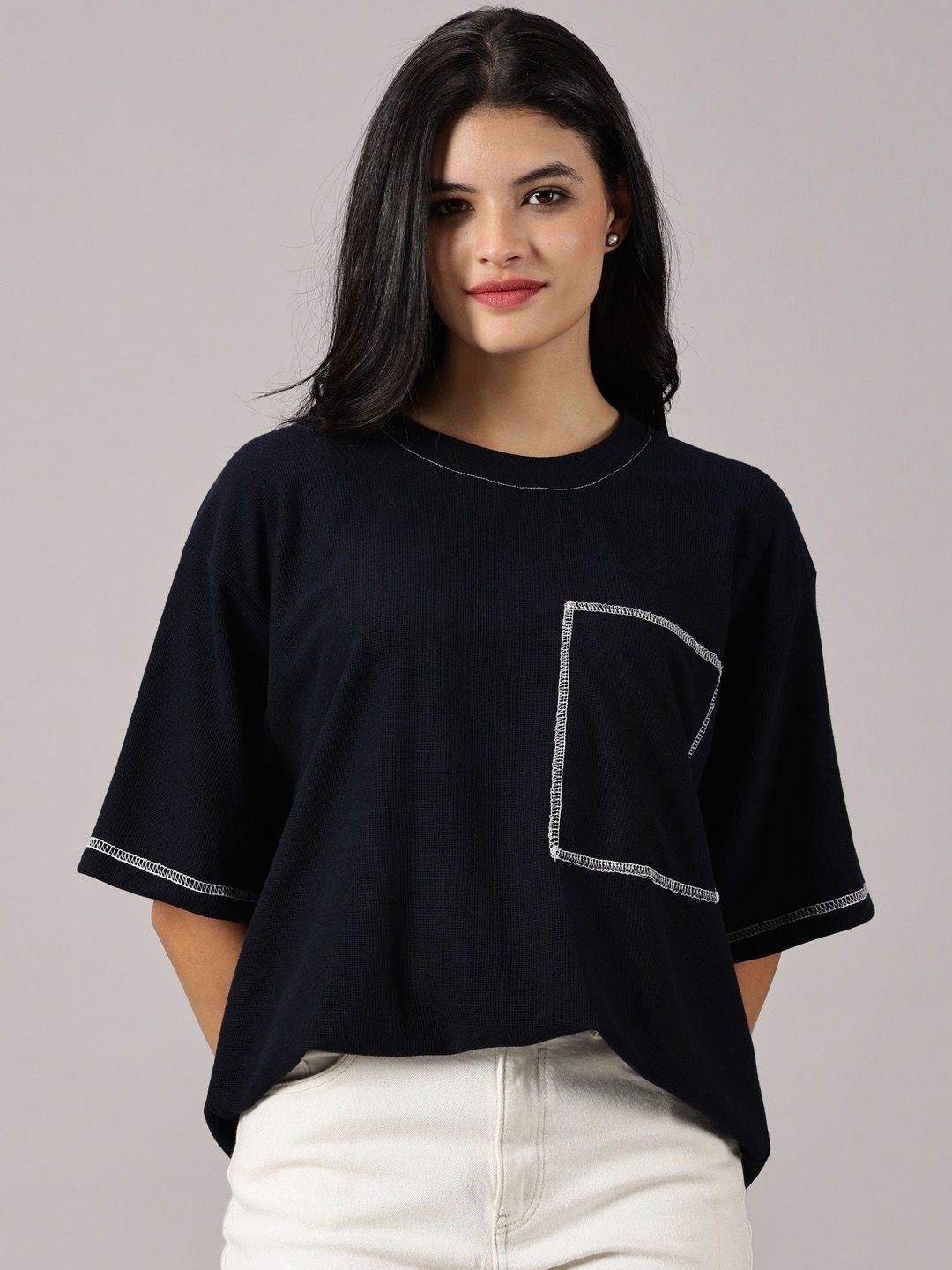 

Rodzen Women Solid Round Neck Cotton Oversized T-shirt, Black