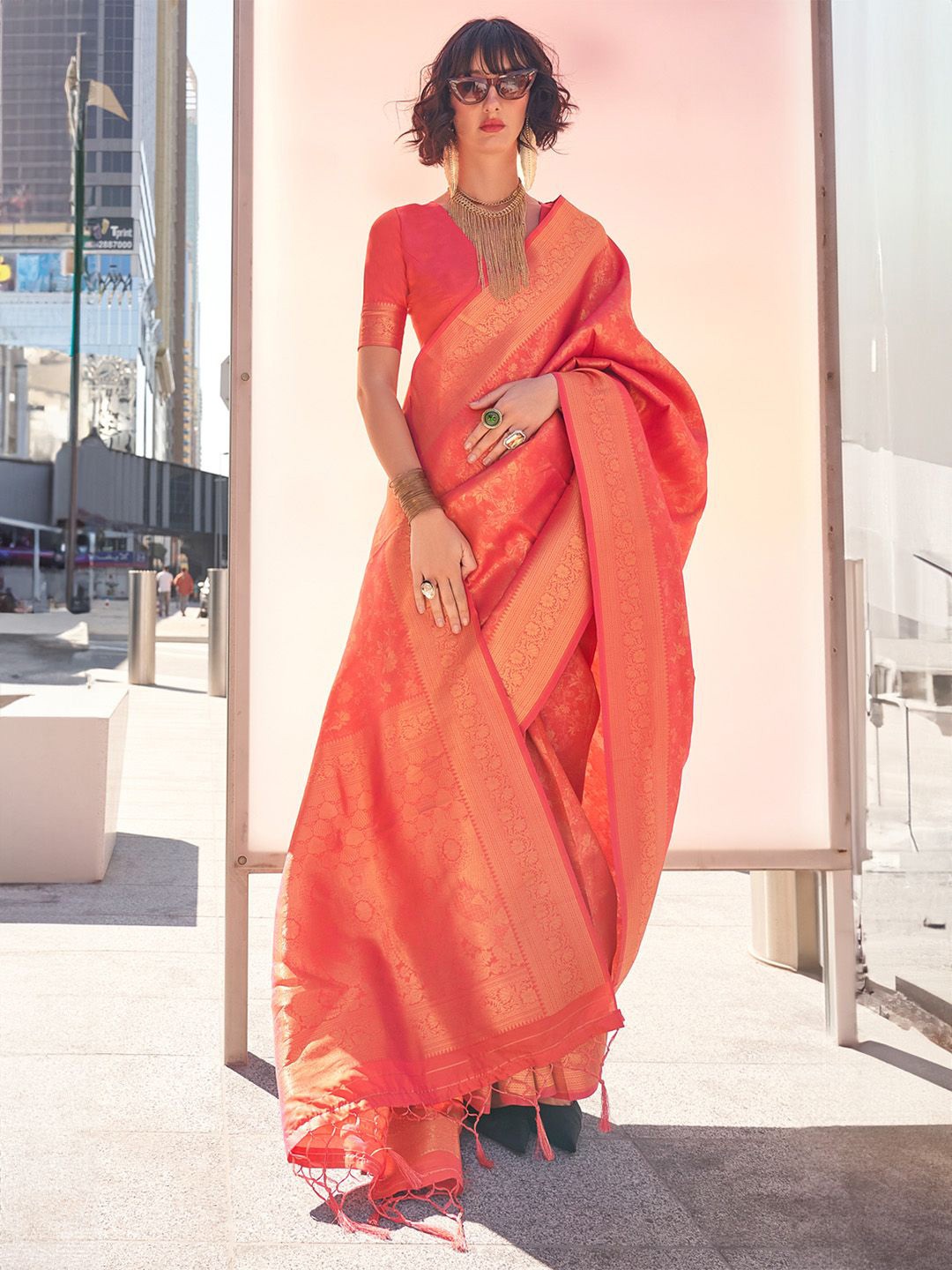 

PEENGAX Woven Design Zari Silk Blend Banarasi Saree, Orange