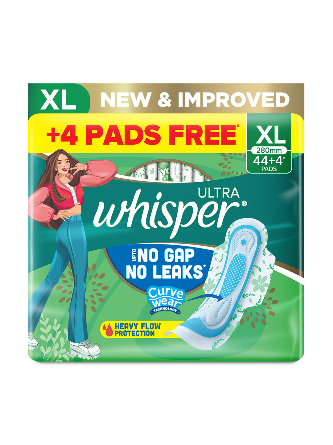 

Whisper Ultra Upto No Gap No Leaks Sanitary Pads for Heavy Flow Protection - 48 XL Pads, Green