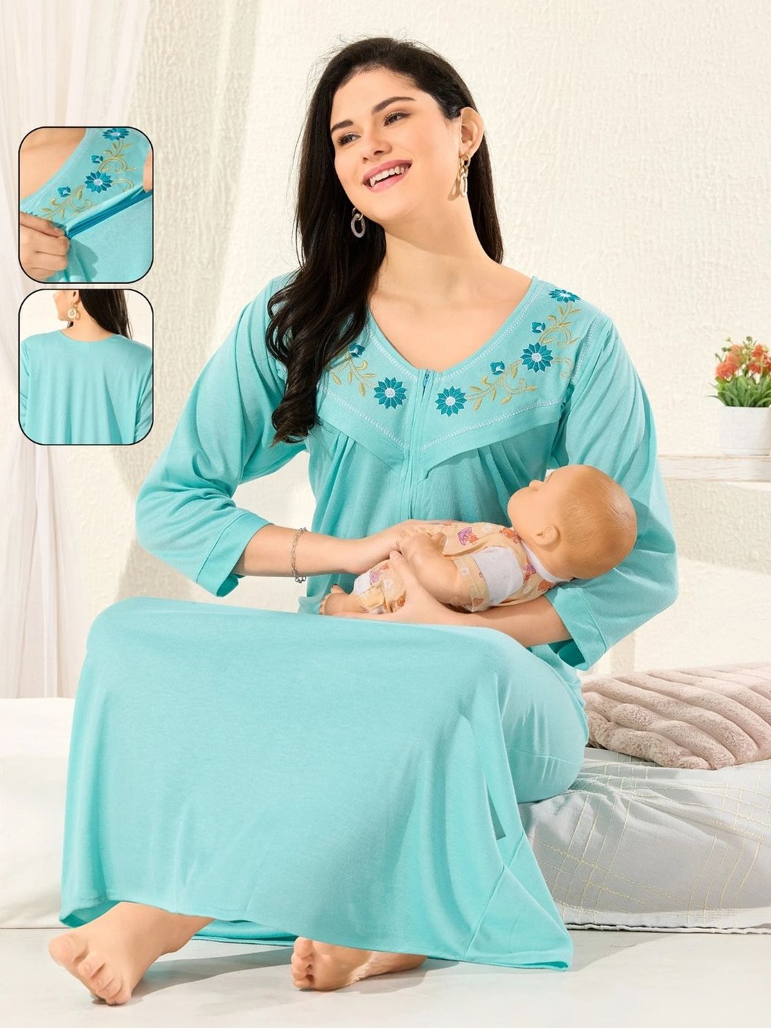 

UDHATIKRAMAN Embroidered Maxi Nightdress, Blue
