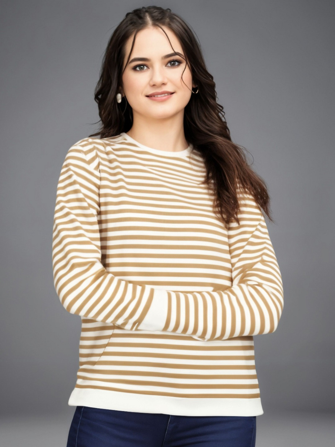 

MACK JONNEY Women Striped Pockets T-shirt, Tan