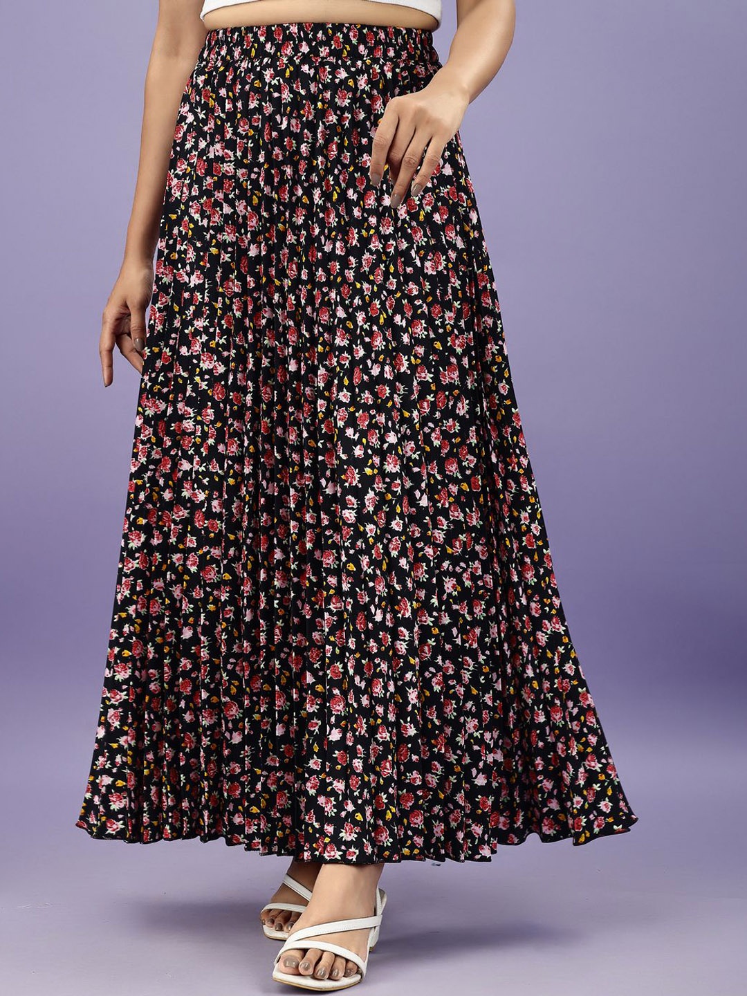

ZWERLON Floral Printed A-Line Maxi Skirt, Black