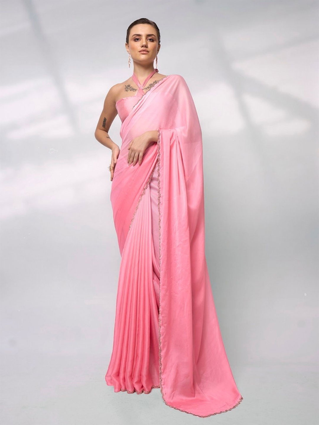 

ODETTE Light Pink Satin Lace Work Saree With Unstitched Blouse For Women