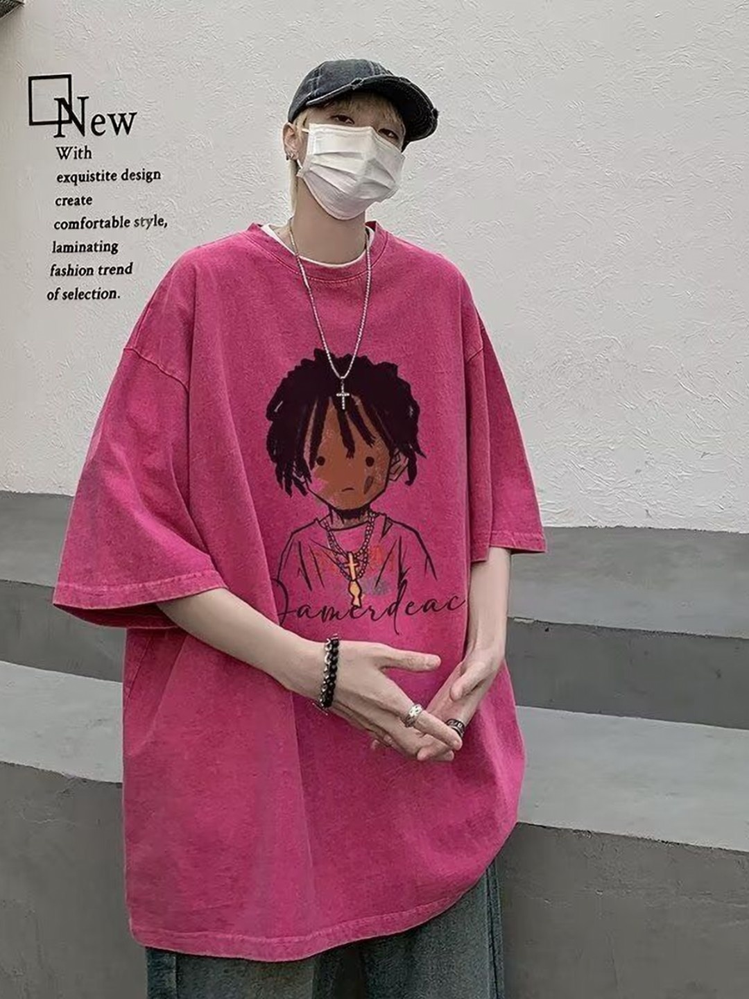 

HERE&NOW Men Graphic Printed Round Neck Oversized T-shirt, Pink