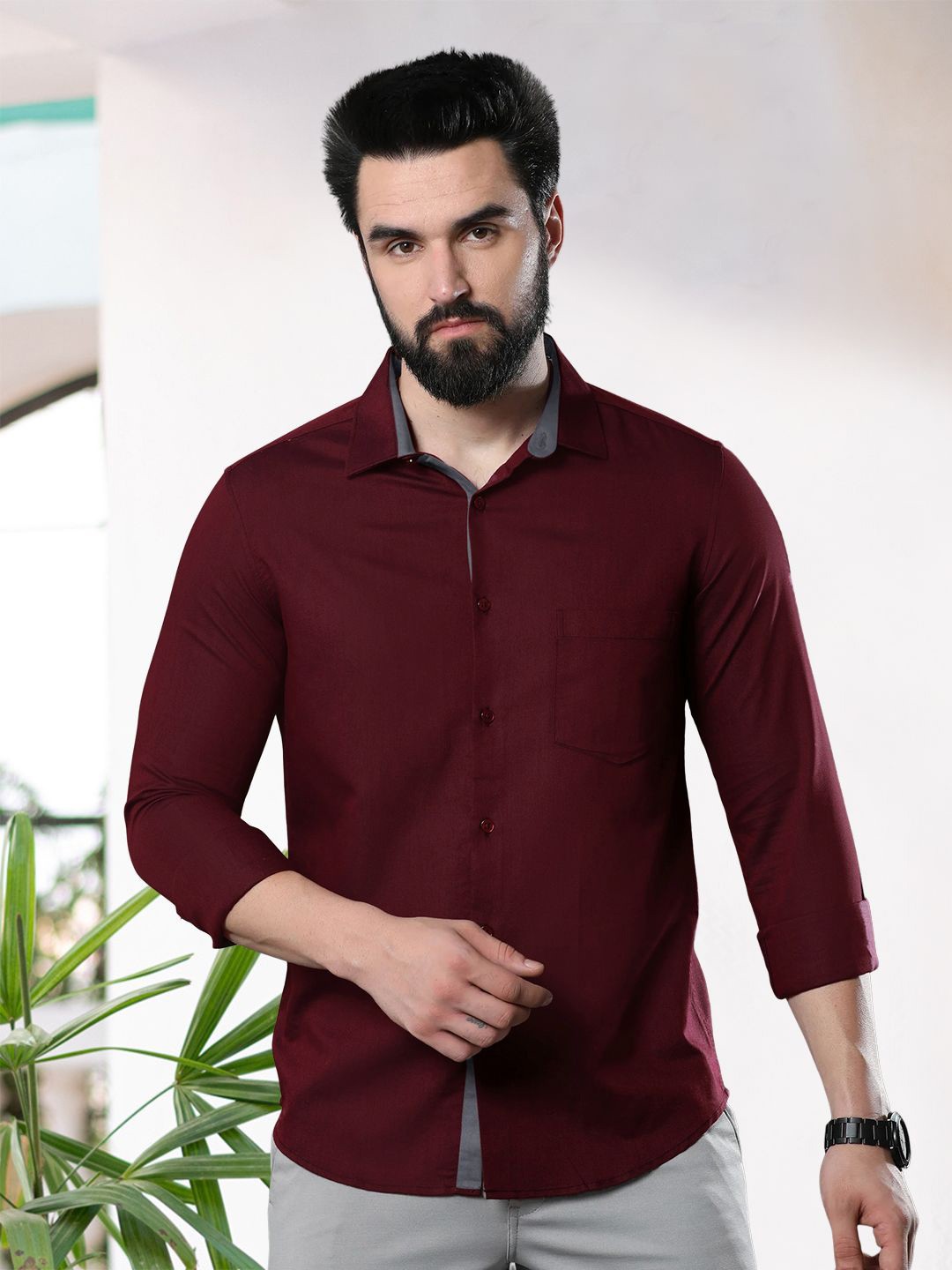 

Moda Rapido Men Standard Fit Spread Collar Solid Cotton Casual Shirt, Maroon