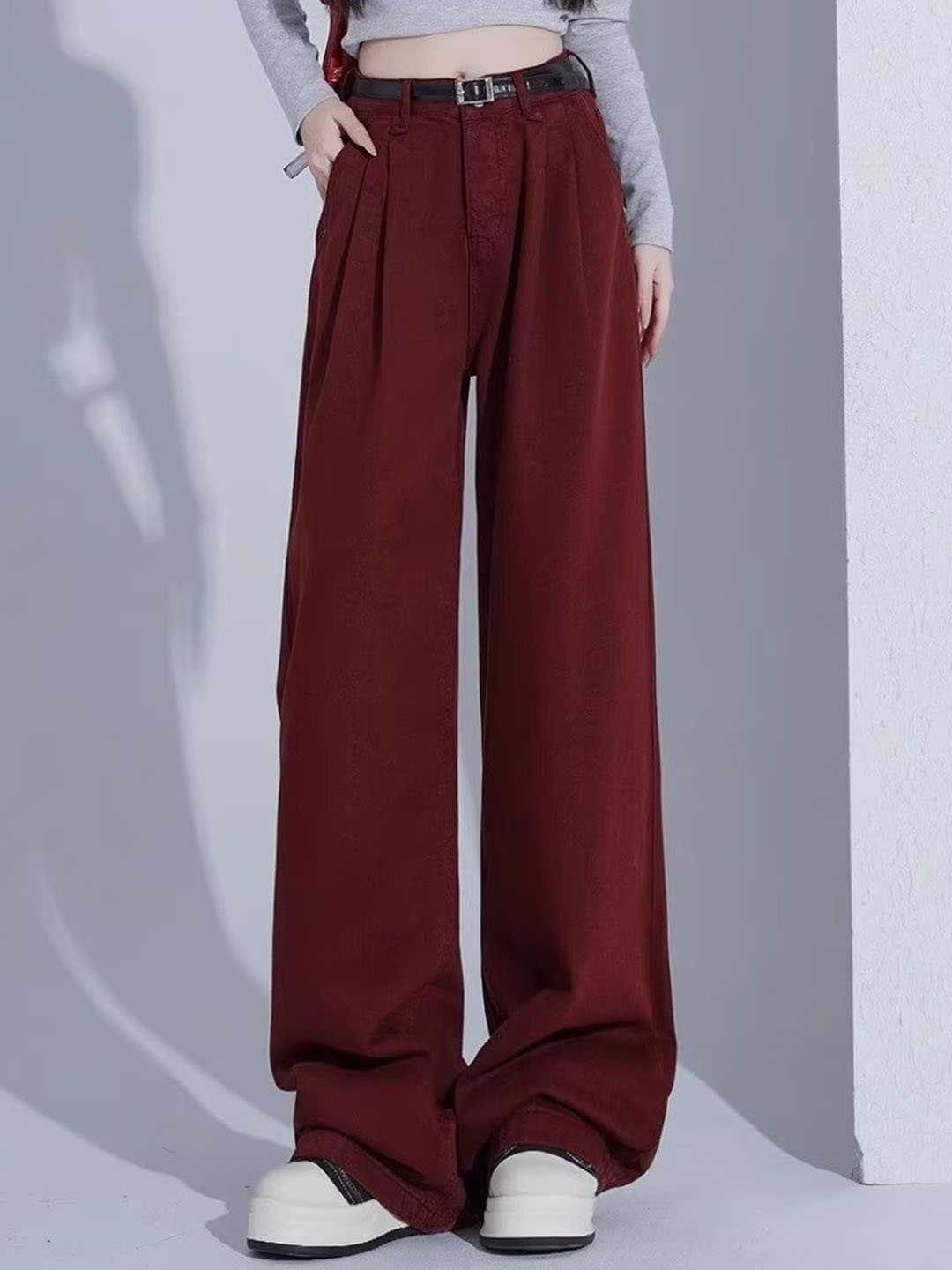 

StyleCast Women Cotton High-Rise Jeans Comes with a Belt, Maroon