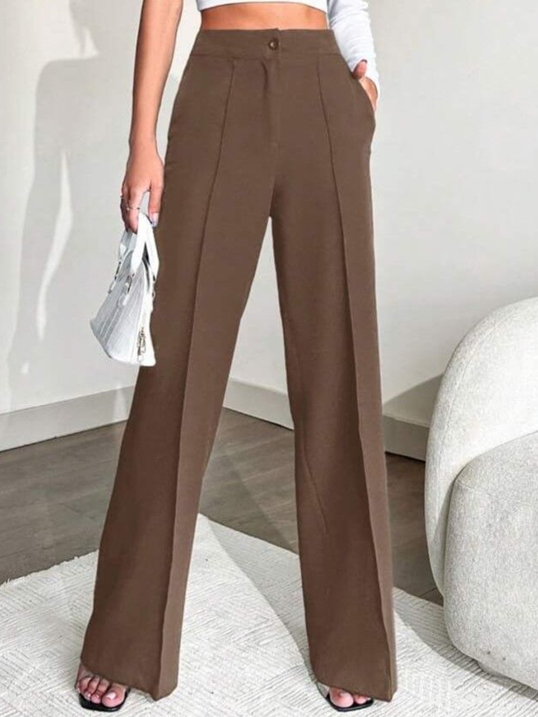

Next One Women Smart Straight Fit High-Rise Easy Wash Pleated Trousers, Brown