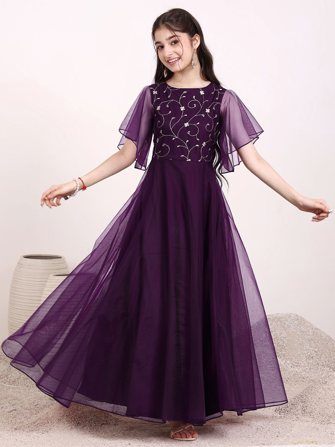 

Inddus Girls Floral Zari Embroidered Flared Ethnic Dress, Purple