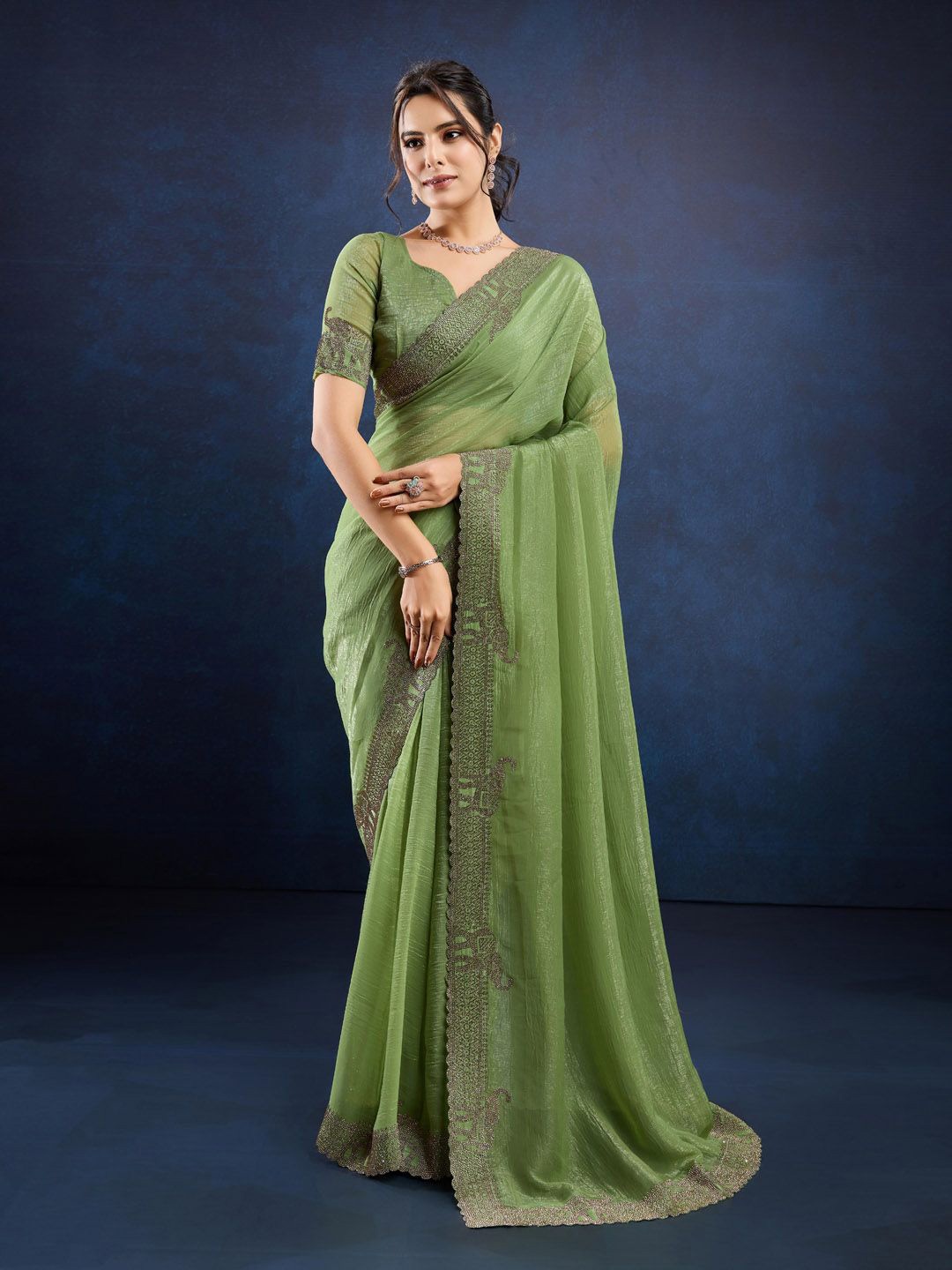 

Meena Bazaar Beads and Stones Art Silk Saree, Green
