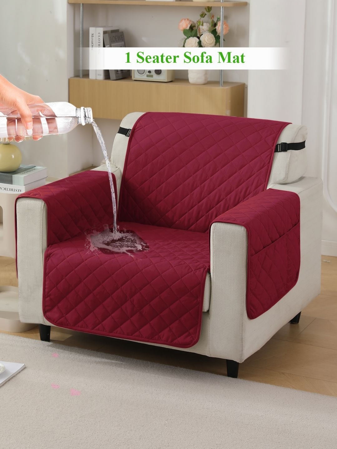 

HOKIPO Maroon Waterproof 1 Seater Sofa Mat with Armrest Pockets