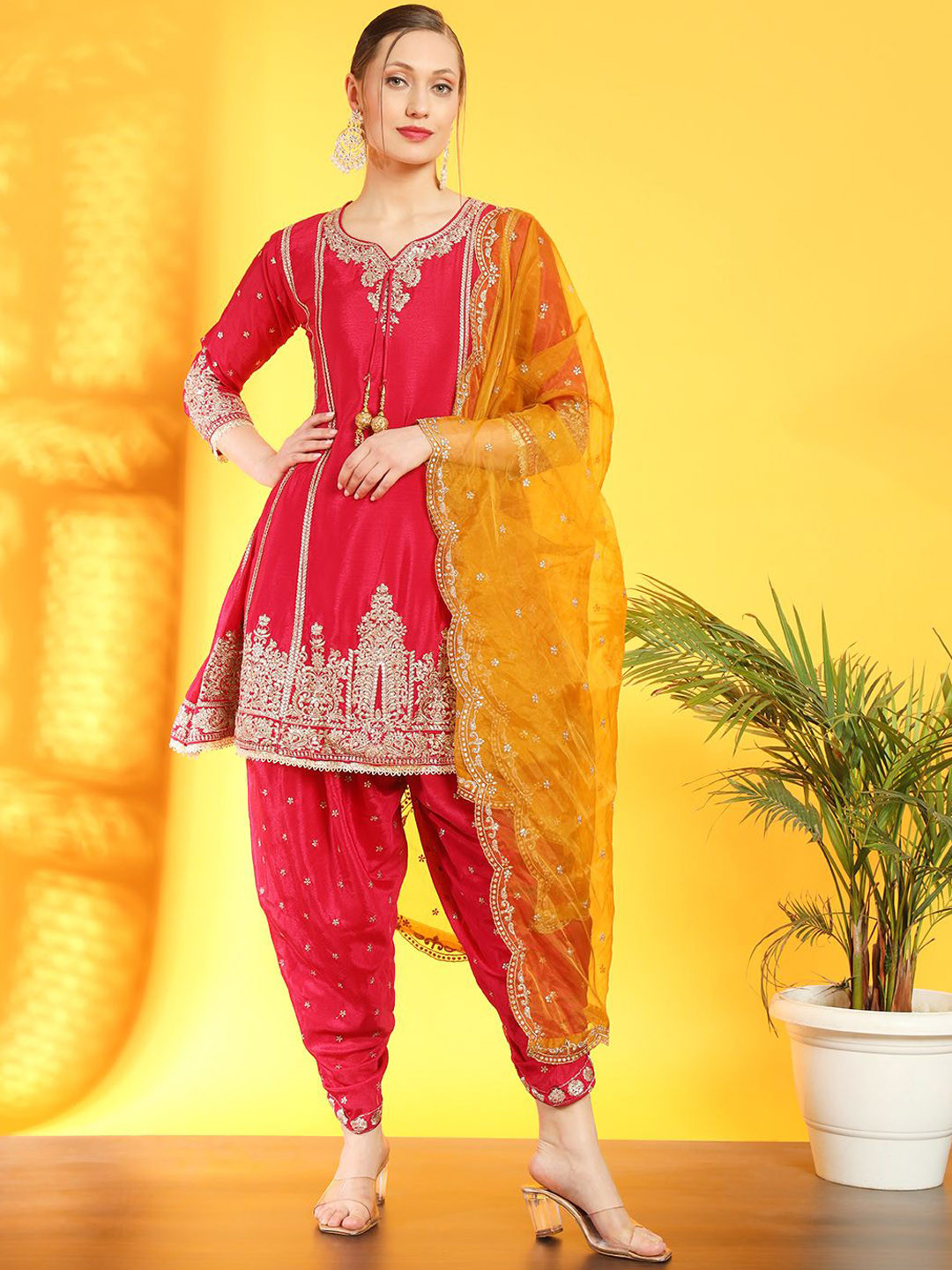 

Chhabra 555 Floral Embroidered Seetheart Neck A-Line Kurta With Dhoti Pant And Dupatta, Red