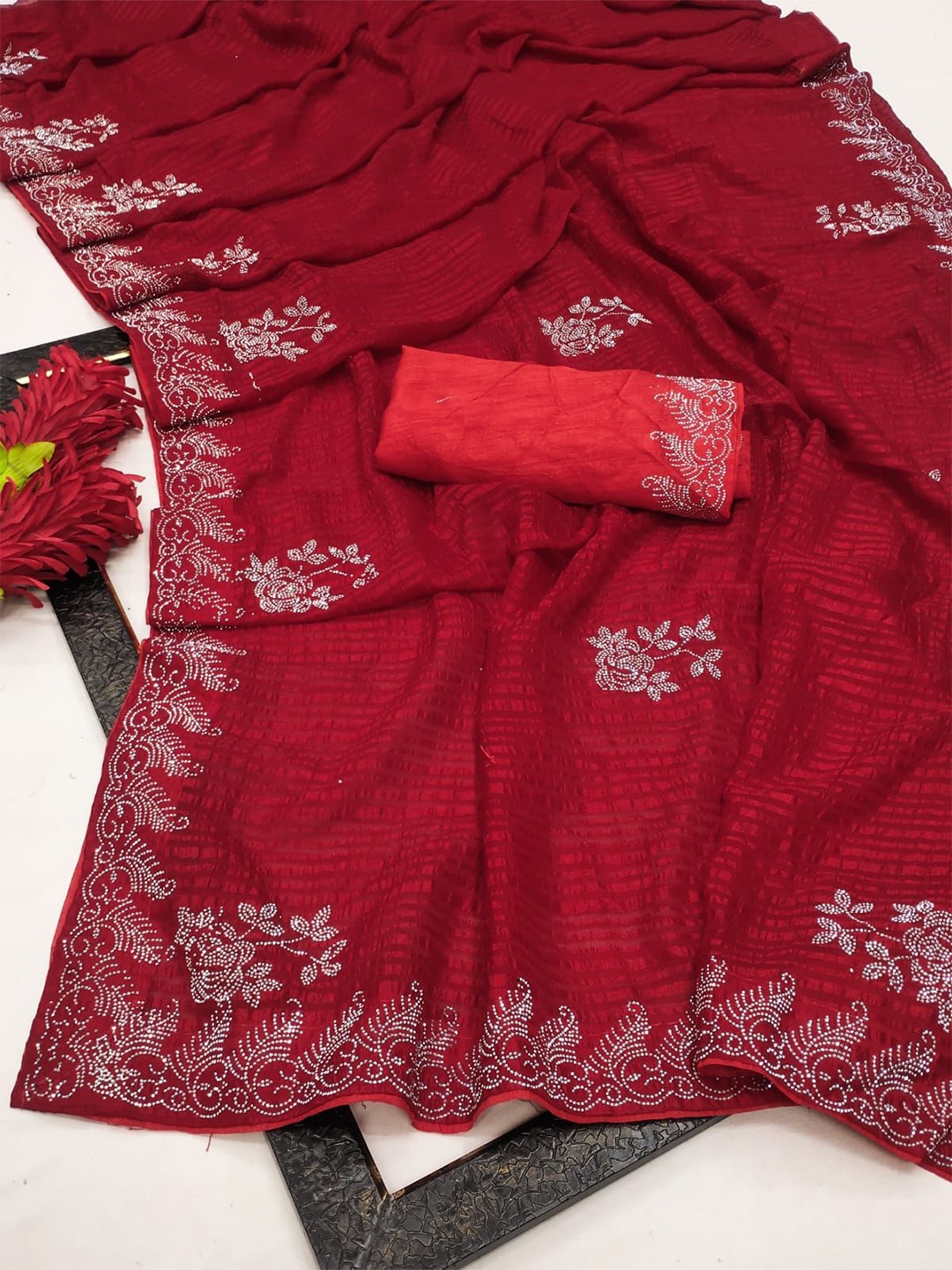 

PAYAL CREATION Embellished Beads and Stones Pure Georgette Designer Maheshwari Saree, Maroon