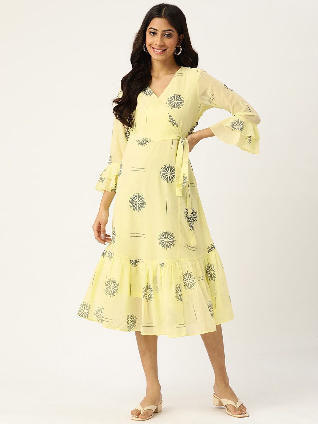 

DressBerry Women Printed Bell Sleeve Georgette Wrap Midi Dress, Yellow