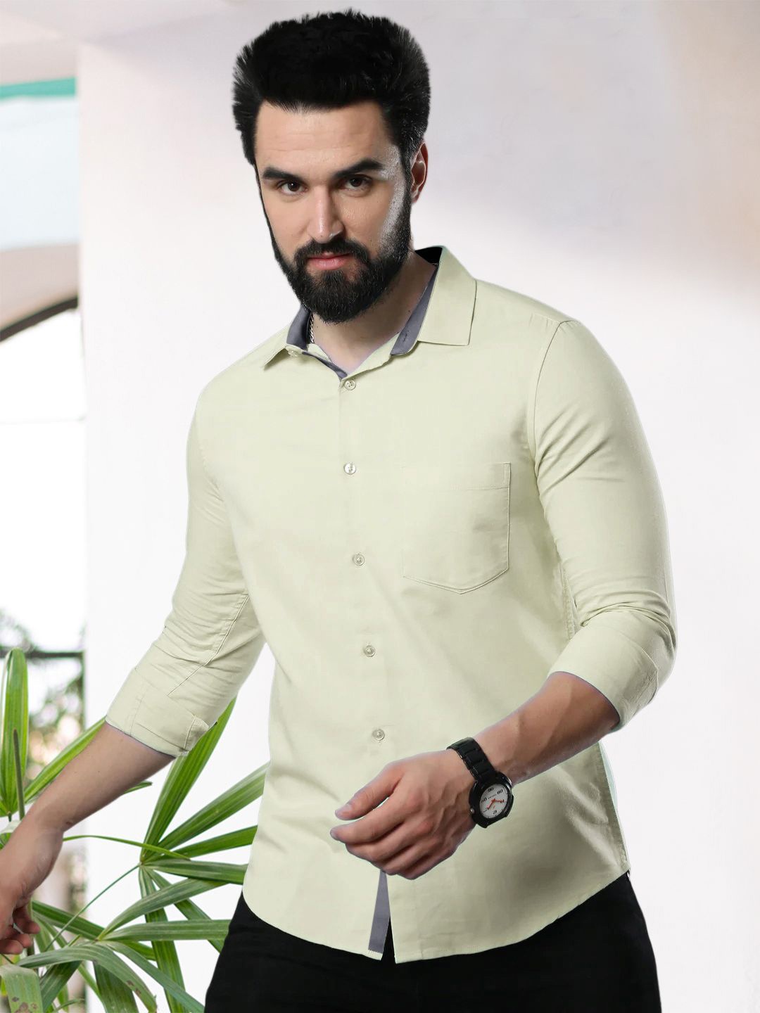 

Moda Rapido Men Standard Fit Spread Collar Solid Cotton Casual Shirt, Cream