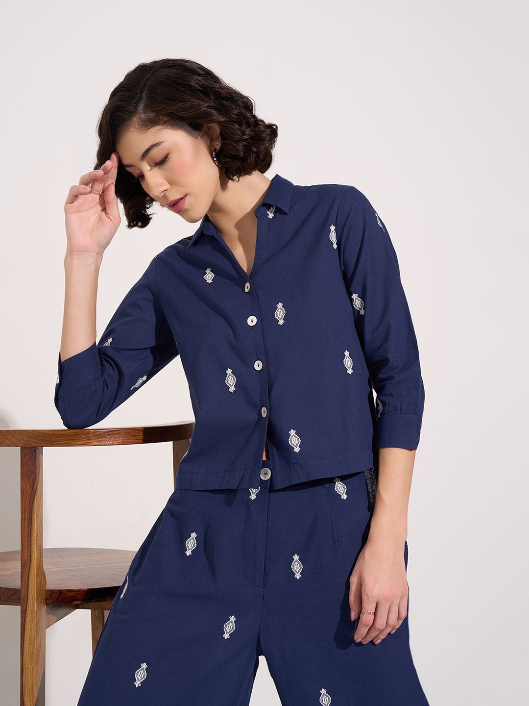 

AKKRITI BY PANTALOONS Cotton Shirt Style Top, Blue