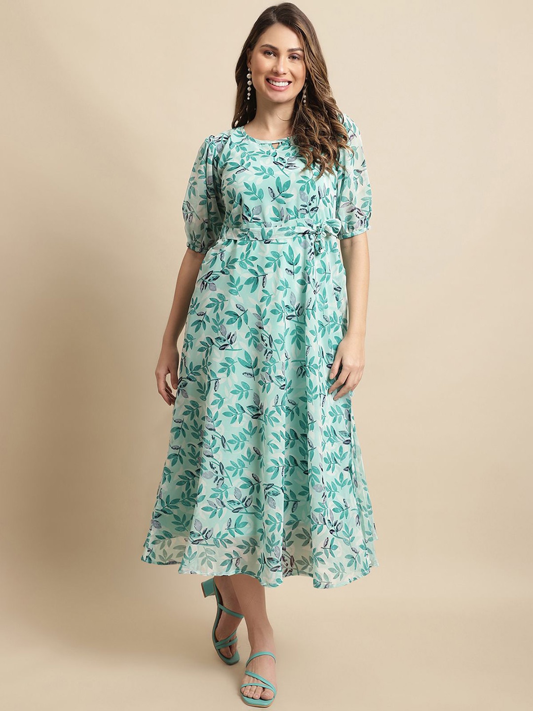 

Metronaut Women Printed Puff Sleeve Fit & Flare Midi Dress, Turquoise blue