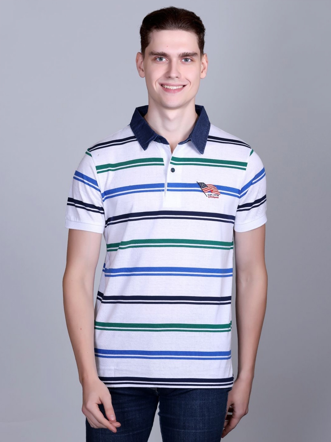 

CONFIDENCE Men Striped Polo Collar Cotton Slim Fit T-shirt, White