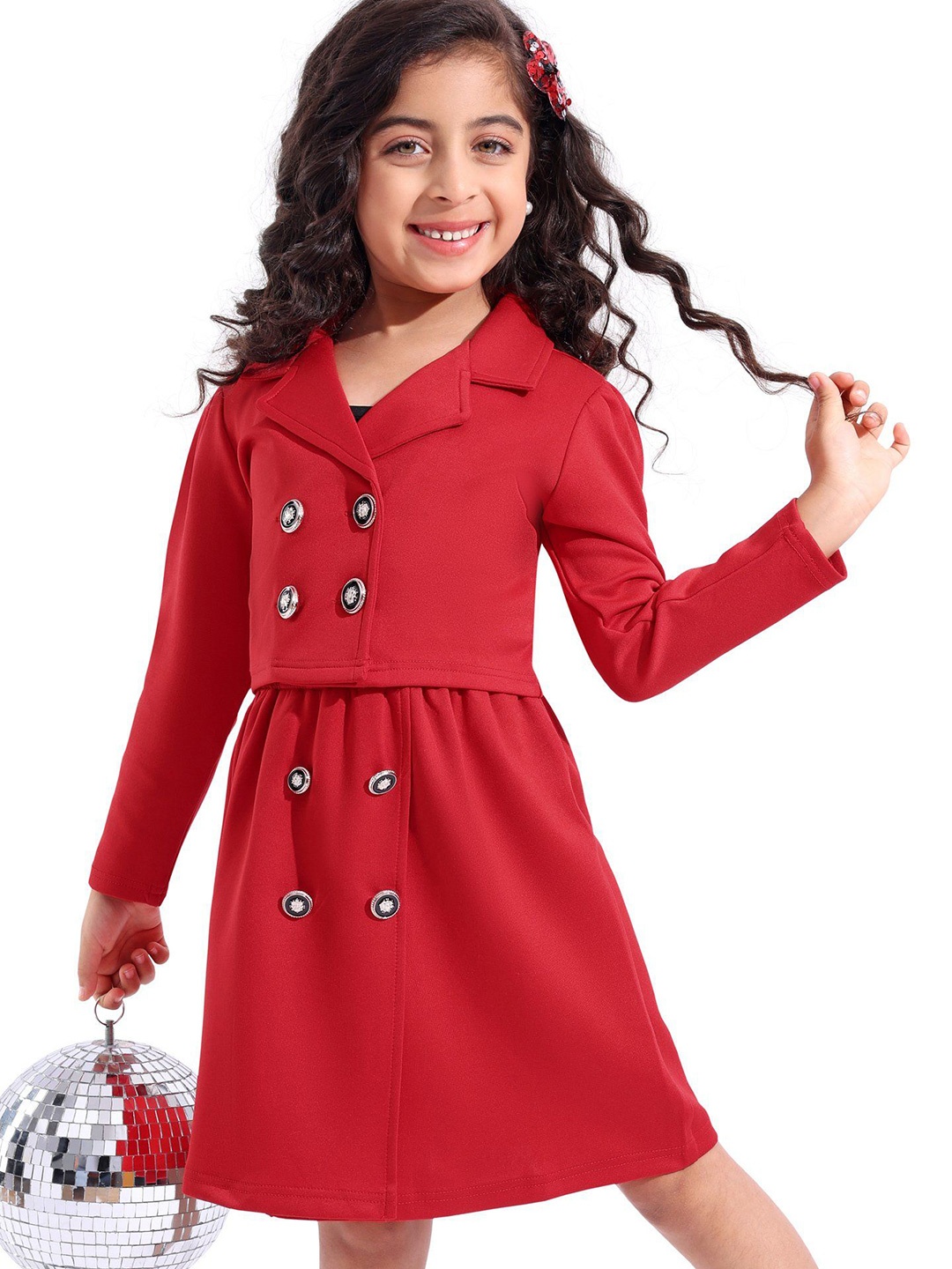 

Hola Bonita Girls Embellished Shoulder Straps Top With Skirt & Jacket, Red