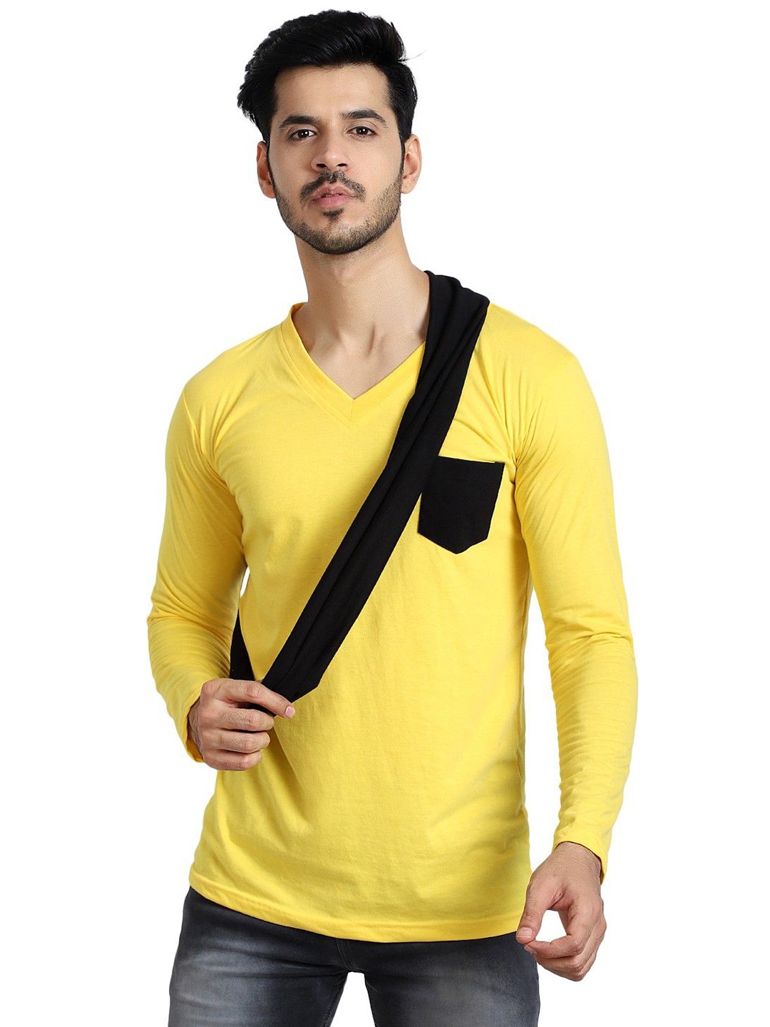 

Black Collection Men Solid V-Neck Cotton Slim Fit T-shirt, Yellow