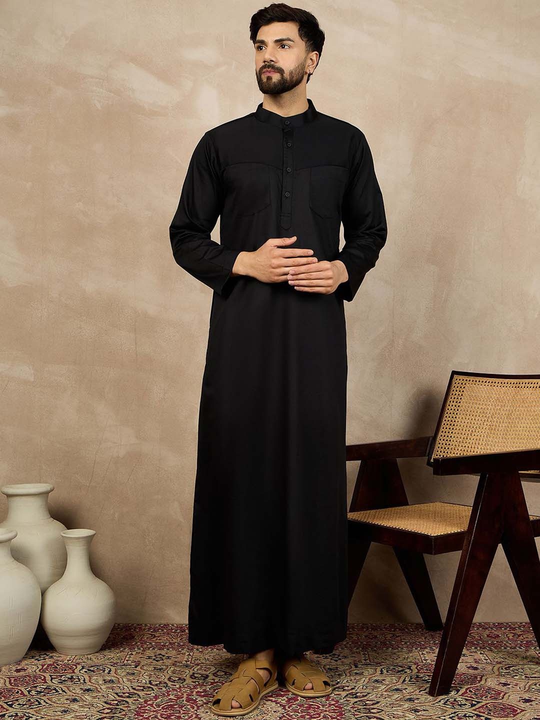 

NABIA Band Collar Pure Cotton Long Kurta, Black