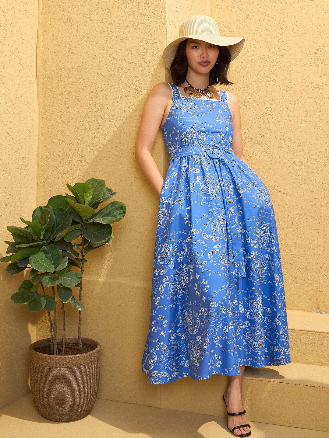 

Pink Paprika by SASSAFRAS Women Floral Embroidered Fit & Flare Midi Dress, Blue