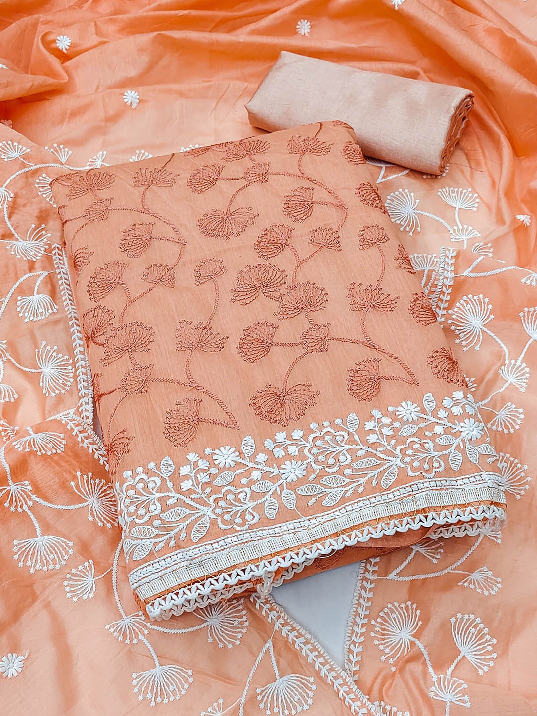 

MANVAA Floral Embroidered Unstitched Dress Material, Peach