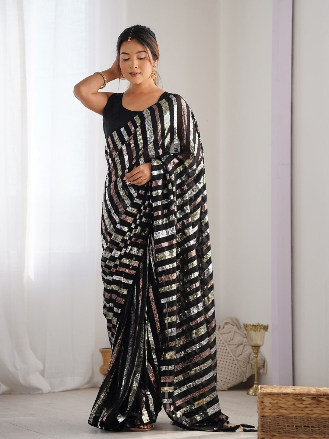 

ODETTE Black Georgette Sequins Saree With Unstitched Blouse For Women
