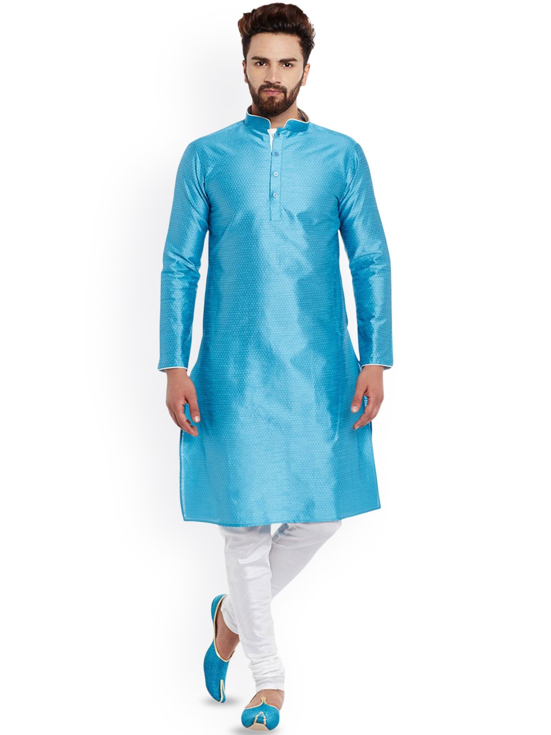 

Larwa Woven Design Mandarin Collar Kurta With Pyjama, Blue