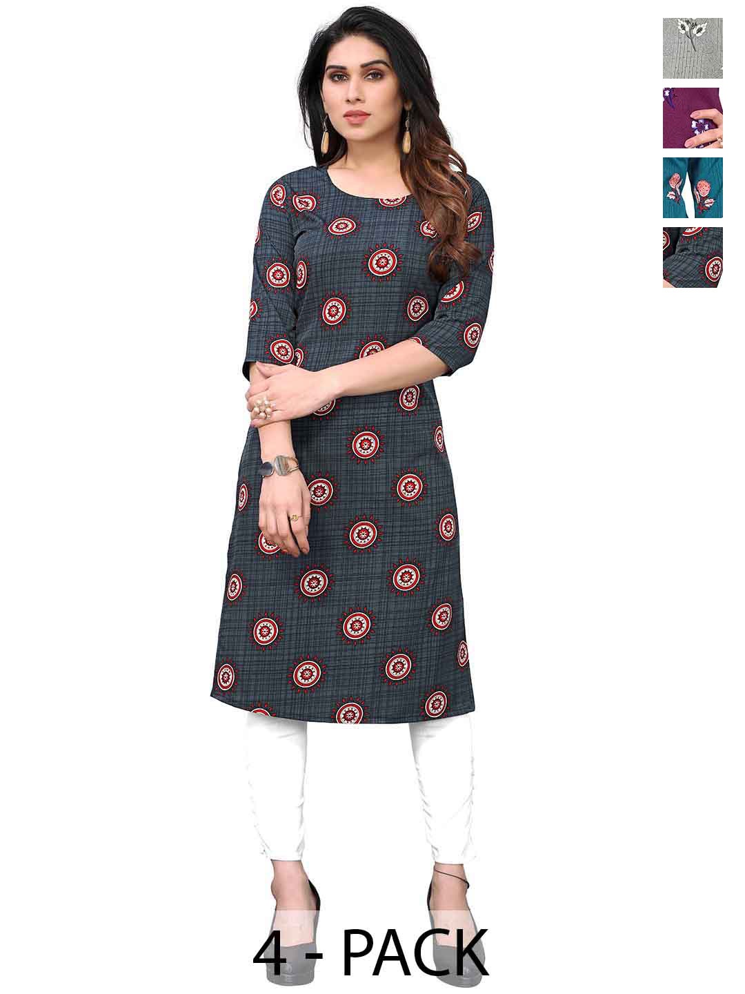 

KETAKI FASHION Selection Of 4 Floral Printed Round Neck Straight Kurtas, Blue